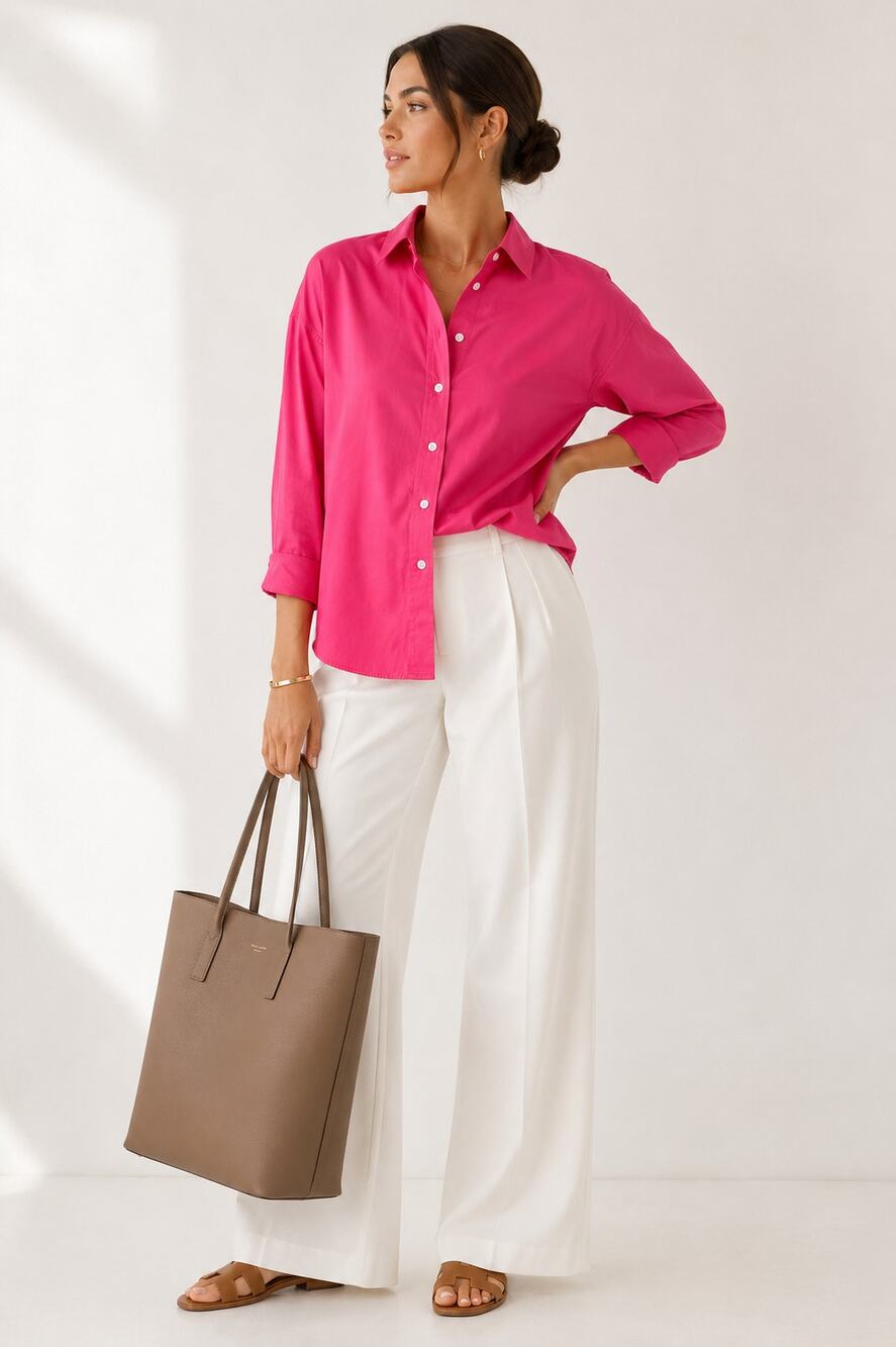 SPANX NWT Cotton Poplin Button Down Shirt Small Hot Pink Relaxed Fit Blouse